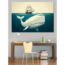 Ekart Beyaz Balina ve Gemi Dekoratif Kanvas - Mdf Ahşap Tablo