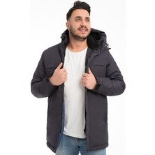 Erkek Lacivert Içi Polarlı Kürklü Su ve Rüzgar Geçirmez Kapüşonlu Kışlık Mont & Kaban & Parka