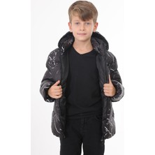 Erkek Çocuk Siyah Çıkabilir Kapüşonlu Su ve Rüzgar Geçirmez Cepli Kışlık Şişme Mont & Kaban & Parka
