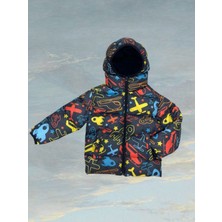 Erkek Çocuk Içi Polarlı Kapüşonlu Helikopter Desenli Kışlık Şişme Mont & Kaban & Parka