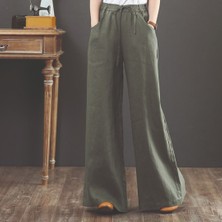 Tasarım Özel Keten Günlük Pantolon Beli Lastikli Bağcıklı