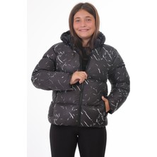 Kız Çocuk Siyah Çıkabilir Kapüşonlu Su ve Rüzgar Geçirmez Cepli Kışlık Şişme Mont & Kaban & Parka
