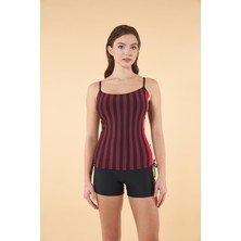 Estiva Büzgülü Çizgi Desenli Ince Akılı Şortlu Tankini Mayo - Bordo