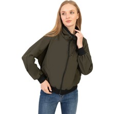 Kadın Haki Dik Yaka Su ve Rüzgar Geçirmez Oversize Crop Mevsimlik Yağmurluk Rüzgarlık Rys-Y-30