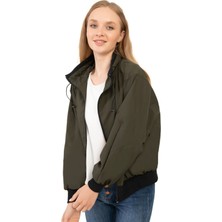 Kadın Haki Dik Yaka Su ve Rüzgar Geçirmez Oversize Crop Mevsimlik Yağmurluk Rüzgarlık Rys-Y-30