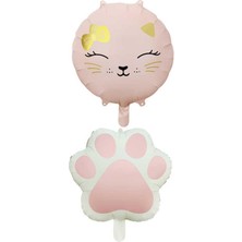 Retro Pembe Renkli Kedi ve Pati Folyo Balon Set