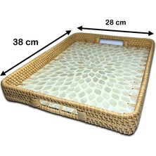 White Design Sedef Kaplama Rattan Dikdörtgen Tepsi