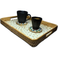 White Design Sedef Kaplama Rattan Dikdörtgen Tepsi