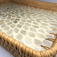 White Design Sedef Kaplama Rattan Dikdörtgen Tepsi