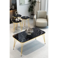 3'lü Sekizgen Zigon Sehpa ve Dikdörtgen Orta Sehpa Takımı Modern Gold Metal Ayaklı  Salon Sehpa Seti