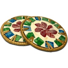 4'lü Red Flower Design Sedef Kaplama Rattan Bardak Altlığı