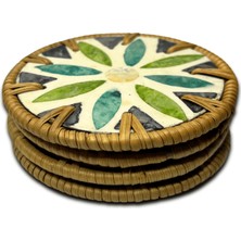 4'lü Blue & Green Design Sedef Kaplama Rattan Bardak Altlığı