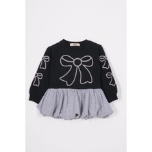 Bisiklet Yaka Fiyonk Detaylı Balon Etekli Gül Siyah Renk Kız Çocuk Etekli Elbise