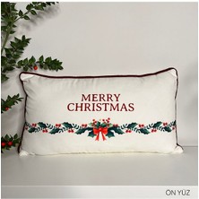 Deco Merry Christmas Sloganlı Dekoratif Bel Yastığı Kılıfı Yılbaşı Desenli Bordo Fitilli
