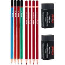 Rotring Kurşun ve Kırmızı Kalem Seti , Silgili Set (4+4) +2 Silgi Hb Mercanlı