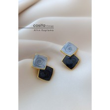 Cosita Vintage Geometrik Kare Gri-Antrasit Küpe