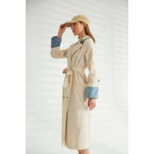 Qimya Butik Jean Detaylı Kuşaklı Trençkot