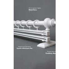 Beyaz 150 cm Çiftraylı Rustik Perde Askı Seti (Ahşap Başlık ile Aluminyum Boru ve Ray)