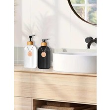 2 Li Seramik  Siyah-Beyaz Mutfak Banyo Sıvı Şampuan Kutusu Sabunluk Seti 500ML+500ML Bambu Tepsi ve Kolyeli