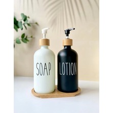 2'li Bambu Altlıklı Beyaz ve Siyah Cam Lotion | Soap Seti