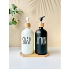 2'li Bambu Altlıklı Beyaz ve Siyah Cam Lotion | Soap Seti