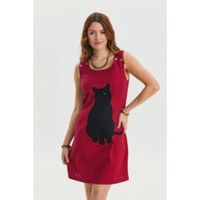 Los Banditos U Yaka Kedi Figürlü Düğme Detaylı Bohem Elbise