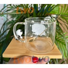 Cherry Panda Figürlü Altlıklı ve Kaşıklı Cam Bardak - Fincan,sevimli Içecek,kahve,çay - Drinkware