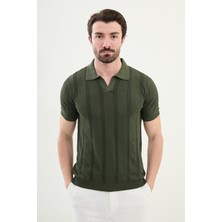 MCR Triko V Yaka Erkek Slim Fit Desenli Kazak Orta Kalınlıkta Yeşil Renk