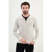 MCR Desenli Ekru Slim Fit Fermuarlı Polo Yaka Erkek Triko Kazak