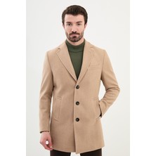Mcr Düz Bej Slim Fit Mono Yaka Klasik Erkek Kaşe Kaban