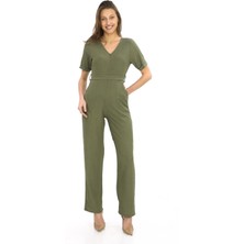 Penye Bizden Kadın Krep Beli Kemerli ve Fermuarlı Tulum-Haki