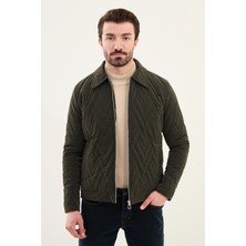 Desenli Haki Slim Fit Gömlek Yaka Kapitone Erkek Mont