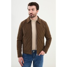 Desenli Kahverengi Slim Fit Gömlek Yaka Kapitone Erkek Mont