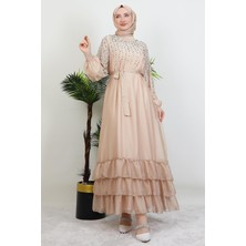 Suna Incili Şifon Elbise Yansımalı Gold