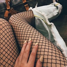 Merlif Lingerie Kadın Siyah Orta Delikli File Külotlu Çorap, Fishnet Rahat ve Şık Tasarım Esnek ve Rahat