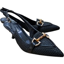 Mıcam 5850 Kadın Hasır Sivri Burun Tokalı Arka Açık 5,5 cm Topuklu Ayakkabı Siyah