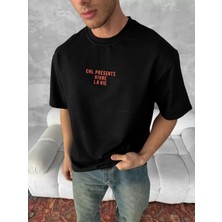 Tarz Yeri Ön ve Arka Baskılı Oversize Bisiklet Yaka T-shirt- Siyah -