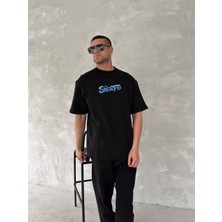 Ön ve Arka Baskılı Oversize Bisiklet Yaka T-Shirt- Siyah