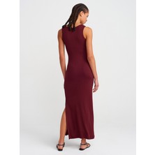 91381 Yırtmaç Detaylı Midi Boy Elbise-Bordo