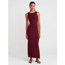 91381 Yırtmaç Detaylı Midi Boy Elbise-Bordo