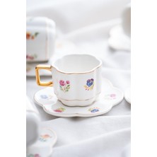 Acar Dahlia 6 Kişilik Porselen Kahve Fincanı Takımı 90 ml Desenli Renkli 12 Parça Kulplu Set
