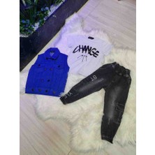 Poyraz Fashion Kids Erkek Çocuk Mavi Yelek Tişört ve Kot Kargo Pantolon Kombin Takım Bayramlık