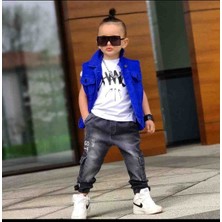 Poyraz Fashion Kids Erkek Çocuk Mavi Yelek Tişört ve Kot Kargo Pantolon Kombin Takım Bayramlık