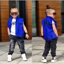 Poyraz Fashion Kids Erkek Çocuk Mavi Yelek Tişört ve Kot Kargo Pantolon Kombin Takım Bayramlık