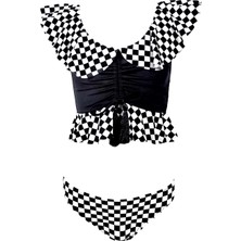 Dama Desenli Fırfırlı Büzgülü Püskül Detaylı UV50 Kız Çocuk Bikini Takımı By Nessi Byrd