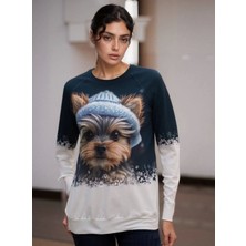 Veramall Kadın Uzun Kollu Bisiklet Yaka Köpek Baskılı Şardonlu Dalgıç Bluz