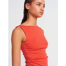 Dilvin 31589 Büzgülü Kayık Yaka Top-Kırmızı
