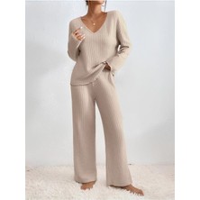 Pamuklu Kadın Pijama Takımı - Alt - Üst Pijama Takımı - Fitilli Kaşkorse Pijama Takımı
