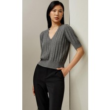 Antrasit V Yaka Örgülü Kadın Triko Tişört MG2369