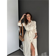 Egzotik Asortik Kadın Kolları Manşetli Full Düğmeli Safari Gömlek Elbise